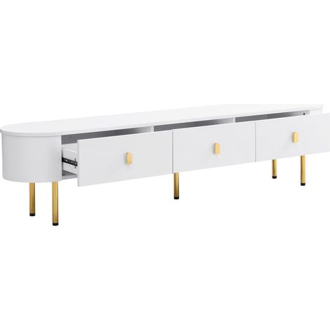 Meuble TV en MDF blanc avec poignées et pieds dorés, 174 cm, 3 tiroirs (1/5)