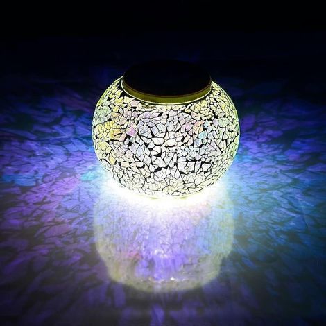 Lampe de table magique à lumière mosaïque solaire, lanterne mosaïque carrée en verre mosaïque étanche à changement de couleur pour jardin, pelouse, terrasse (argent) (1/5)