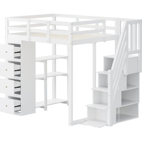 Cama alta 140 x 200 cm de madera blanca con almacenaje y escalera de seguridad (1/5)
