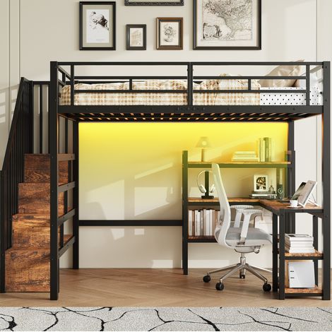 DESVIAE Lit mezzanine 140 x 200 cm en métal avec escalier bureau intégré étagères de rangement station de charge USB lumière LED noir (1/5)