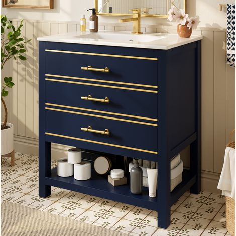 Mueble baño con lavabo cerámico y 2 cajones abierto OKMYHOME (1/5)