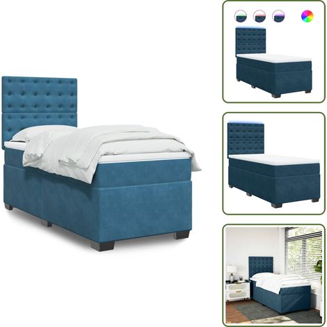 Boxspringbett mit Matratze Blau 90x200 cm Samt - Boxspringbett - Samtbett - Doppelbett - Blau - LED Beleuchtung (1/5)