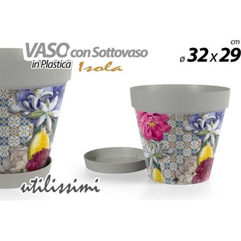 TRADE SHOP - Vaso Giardino Con Sottovaso In Plastica Decoro Isola 32x29cm Piante Fiori 845383 - (1/2)
