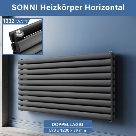 SONNI Horizontal Heizkörper Anthrazit 1200x600mm Doppellagig Heizung, Seitenanschluss