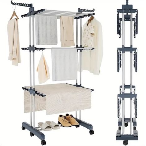 Étendoir à linge Airer – Pliable – 3 barres de séchage – Supports réglables – Pour intérieur comme extérieur (1/5)