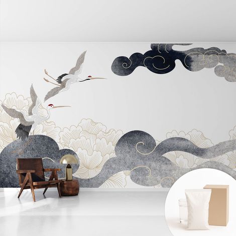 Papier peint intissé mural avec imprimé motifs uniques apparence moderne - Colle incluse gratuite Grues en vol 416x254 cm (1/5)