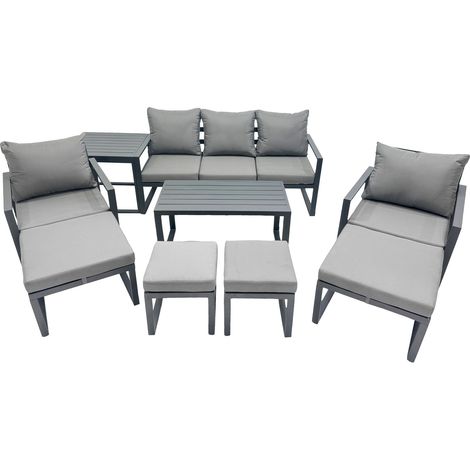 Fimous 9 Seat Outdoor Garden Furniture Set Aluminium Lounge 3 Seat Sofa Oblong Coffee Table Sets with Chair 4 Stools Side Table Dark Grey (1/5)
