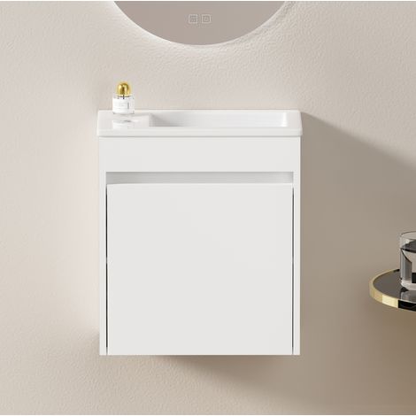 Meuble de salle de bains mural 46x26x51,5 cm blanc en MDF et céramique avec vasque intégrée - CHICFURN (1/5)