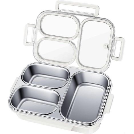 Boîte à lunch étanche 3 compartiments acier inoxydable, fermetures sécurisées joints silicone, conserve aliments frais pour travail ou à emporter (1/5)