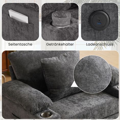 Chaise longue en tissu chenille, avec porte-boisson et port USB de charge, idéale pour salon et bureau. (1/5)