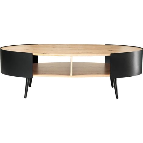 Calicosy – Table basse ovale 120 cm – Flancs en métal noir – 2 niveaux – Plateau supérieur 50 kg – Décor bois – Pour espaces modernes (1/5)