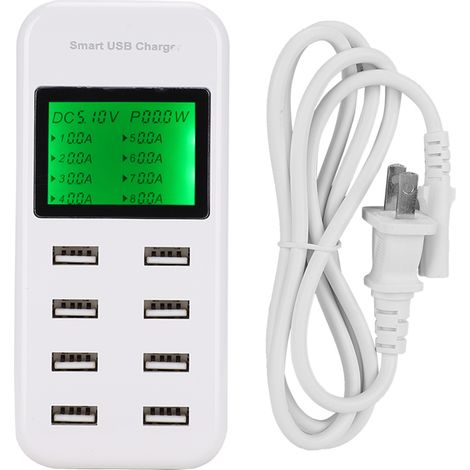 Station d'accueil de charge USB intelligente à écran LCD, 8 ports, blanc, 100-240V (prise US) (1/5)