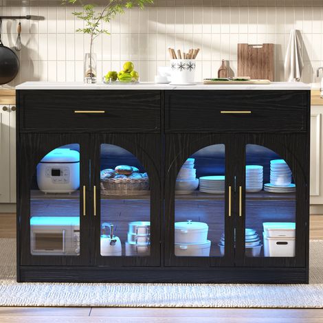 Îlot Culinaire, Métal, Avec Tiroirs, Avec Armoire, Éclairage LED, Cuisine, Salle à Manger, Noir, Pratique (1/5)
