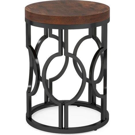 CHICFURN Mesa auxiliar redonda 45x45x60 cm MDF marrón rústico y metal negro estilo industrial (1/5)
