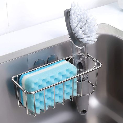 Porte-éponge pour évier - Porte-éponges d'évier, porte-brosse 2 en 1, en acier inoxydable SUS 304 antirouille et étanche, installation sans perçage grâce à 2 adhésifs, pour évier