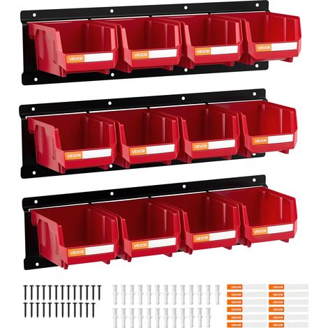 Bac à Bec Mural 12 PCS Bacs de Rangement Empilables Suspendus avec 3 Rails Métalliques, Boites de Rangement en Plastique pour Vis, Écrous, Boulons, Quincaillerie, Outils Atelier, Garage, Rouge (1/5)
