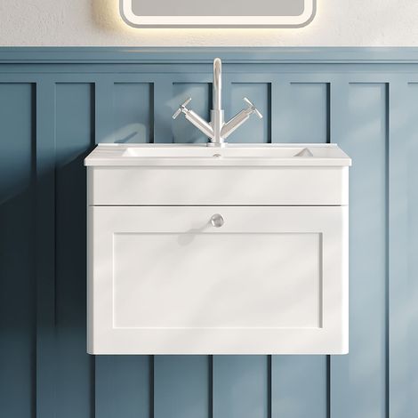 Nuie Classique Wall Hung 1-Drawer Vanity Unit with 1TH Minimalist Basin 600mm Wide - Satin White