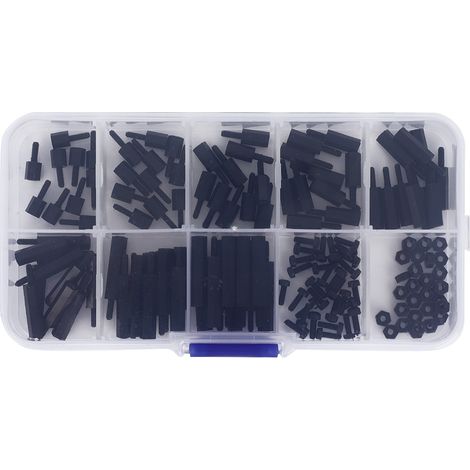 140pcs Kit de vis M2 nylon tête ronde cruciforme, écrous hexagonaux et entretoises mâle/femelle (Noir) (1/5)