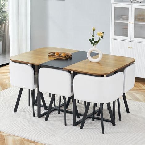 Ensemble table à manger extensible plateau grain bois cadre métal noir, adapté pour 4 à 6 personnes, cuisine et salon (1/5)