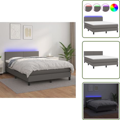 Sommier à lattes de lit avec matelas et LED Gris 140x190 cm - Sommier Tapissier - Lit Plateforme - Lit Avec Led - Matelas À Ressorts Ensachés - Tête De Lit Ajustable