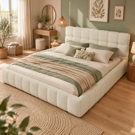 lit bubble double 140x190, cadre de lit pour adulte, lit deux personnes, Lit rembourré 2 places en lin, beige, sans matelas (1/5)