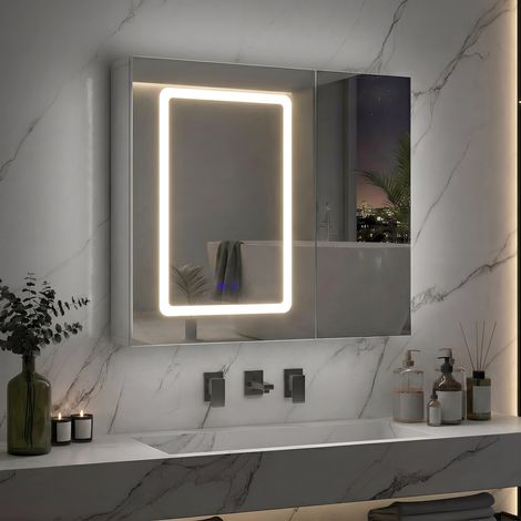 Armoire de salle de bain à 2 portes avec miroir et étagères réglables, avec fonction de déshumidification du miroir (blanc, 60 x 70 x 13,5 cm) (1/5)