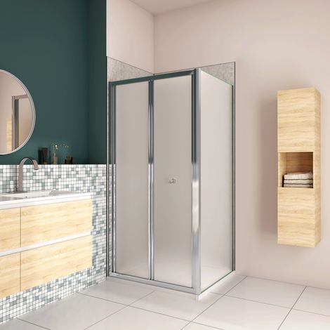 185cm Box Doccia Angolare Porta a Soffietto con Parete Fissa 90x70cm in Vetro Temperato Satinato Opaco 5 mm Profilo Cromato Lucido (1/5)