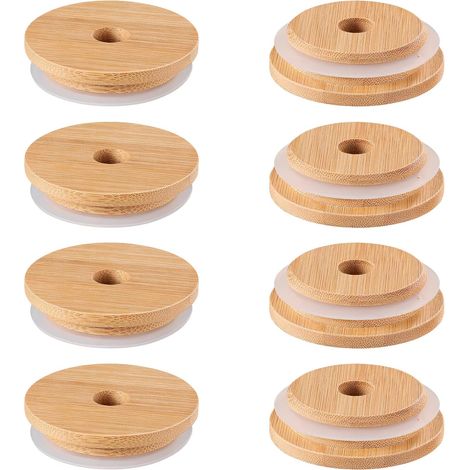 Couvercle En Bambou Pour Bocal - 70 mm - Trou Pour Paille - Compatible Bocaux À Large Ouverture - 8 Pièces (1/5)