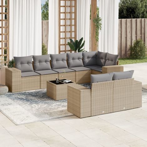 Set de sofás de jardín 9 pzas con cojines ratán sintético beige vidaXL (1/5)