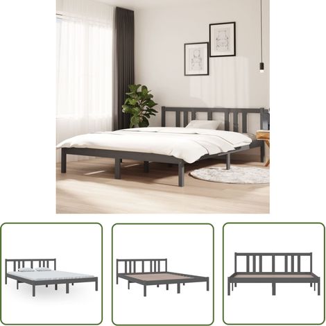 The Living Store Massivholzbett Grau 150x200 cm - Holzbett - Massivholzbette - Kiefernbett - Doppelbett - Boxspringbett (1/5)