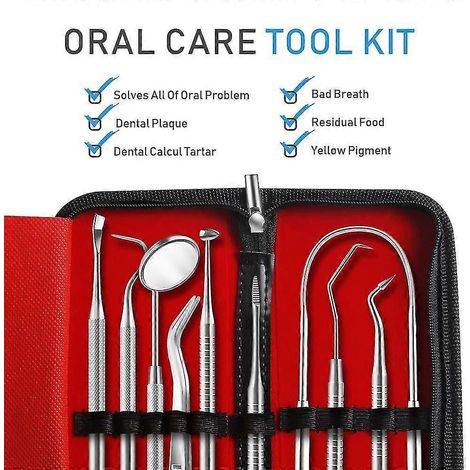 Ensemble de soins dentaires 9 pièces pour le nettoyage des dents, outils de nettoyage en acier inoxydable (1/4)