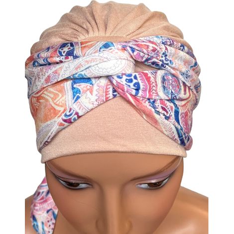 Turbante para la cabeza de mujer Lena, color beige-421, bufanda de bambú arrugada, agradable al tacto. (1/5)
