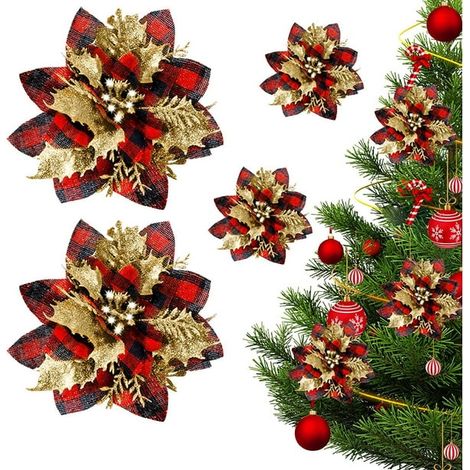 Lot de 12 fleurs de Noël à carreaux noir et blanc, poinsettias artificiels scintillants avec tige métallique, décorations argentées pour sapin, couronne et fête, rouge (1/2)