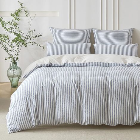 Housse de Couette 240x260 Coton - Jacquard Rayures - Bleu Denim (1/5)