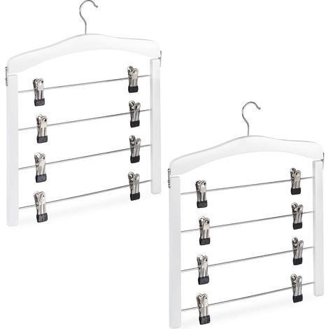 Relaxdays Multi Hangers, Set of 2, Space-Saving, 4 Hangers with Trouser Bar, Wood, Metal, Clips, Versatile, White/Silver