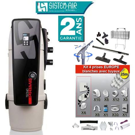 Aspiration centralisée Tecno Prime 350 (jusqu’à 350 m²), Garantie 2 ans + Set inter 9 M + 8 accessoires + kit 4 prises + kit prise balai + kit prise garage