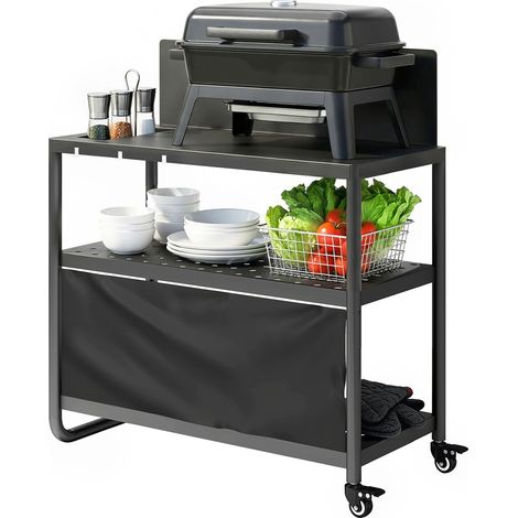 Chariot de Barbecue Desserte de Jardin Mobile avec Pare-vent 3 Niveaux Rideau Oxford 100x46x110cm Noir