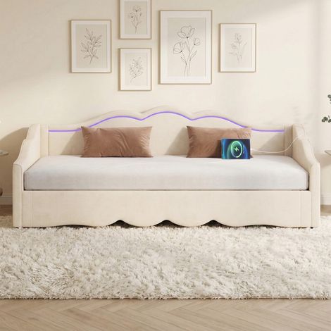 Lit rembourré,Lit de jour,Lit de jour,Canapé-lit,Canapé-lit,Lit de jour 90x200 cm,extensible à 180 cm,avec port LED et USB,velours beige