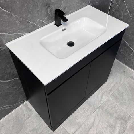 Satin Black Vanity Unit with Large Ceramic Basin Sink 900 or 1000mm Square Emily, 900mm Wide-Without Tap
