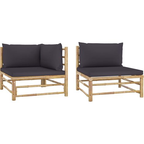2 pcs Salon de jardin, Ensemble table et chaises de jardin, Meuble de jardin avec coussins gris foncé Bambou MKW570970 (1/5)