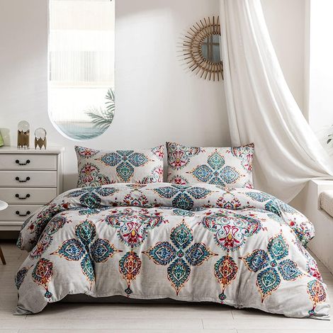 Housse de Couette 220x240 Bohème Mandala Indien Turquoise Gris Parure de Lit Bohème Style Doux Microfibre Linge de Lit 2 Personne Adulte avec Fermeture Éclair avec Taie d'oreiller 65x65 cm (1/5)