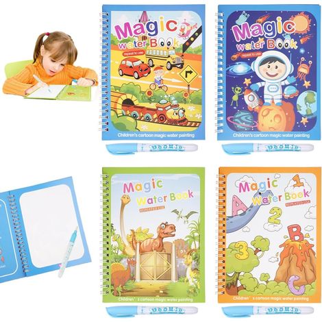 Lot de 4 Livre de Coloriage a L’eau, Livre Magique à L'Eau avec Stylo Leau, Livre de Dessin Magique de L'eau avec 4 Stylo à L'eau, Réutilisable Magic Water Book pour enfants à partir de 3 ans Présents (1/5)