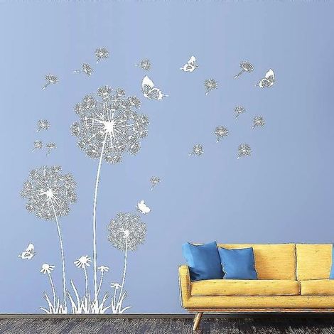 Sticker mural pissenlit, sticker mural papillon, décoration murale, autocollant artistique pour chambre, salon, fond de canapé (1/4)