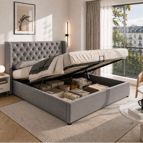Graues Samt-Doppelbett mit Ohr-Design, 140 x 190 cm, hydraulischem Stauraum (1/5)