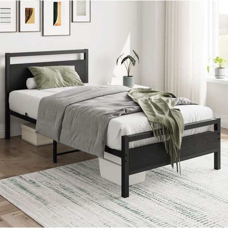 REDOM cama individual 206.5x91x91 cm, con somier y espacio bajo cama, cabecero y piecero, MDF y metal negro (1/5)