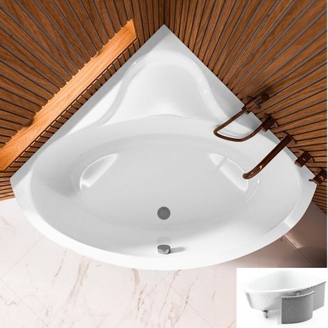 ECOLAM Badewanne BALA 130 x 130 cm  + Styropor Verkleidung Befliesenbar Eckbadewanne Acrylwanne symmetrisch Ablaufgarnitur Ab- und Überlauf Füße Silikon