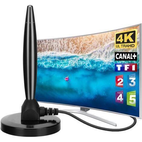 Antenne TV Intérieur Puissante TNT HD – 2024 Dernière Antenne TV Intérieur avec Amplificateur de Signal à Gain Élevé - Reception Longue Portée à 360° avec Base Magnétique pour Chaînes 4K 1080P HD