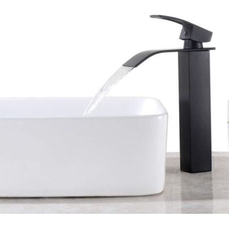 Black Waterfall Faucet with High Spout Mixer Tap Tall Single Hole Sink Faucet Washbasin Tap with Single Lever Copper Bathroom Mixer (1/5)