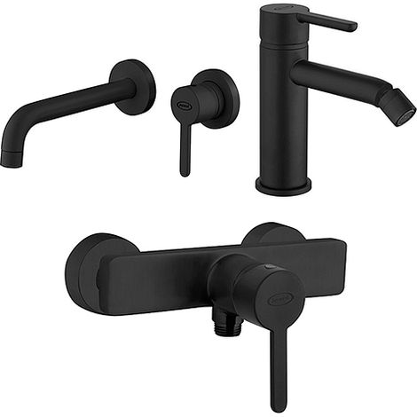 Set Rubinetti Jacuzzi per lavabo a parete e bidet senza scarico e doccia esterno serie Sunset YO nero opaco (1/5)