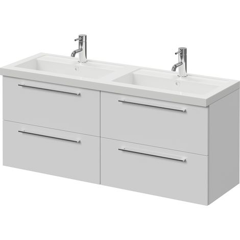 Napoli 390 Gloss White 1200mm Wall Mounted 4 Drawer Vanity Unit with Double Lucia Basins - 1200mm - Chrome 320mm Handle